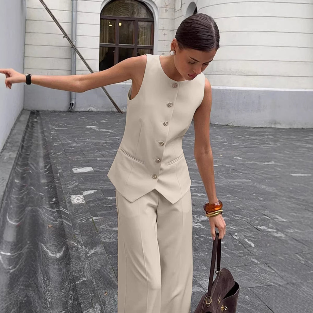 Elegant Commuter Vest And Wide-Leg Pants Two-Piece Set
