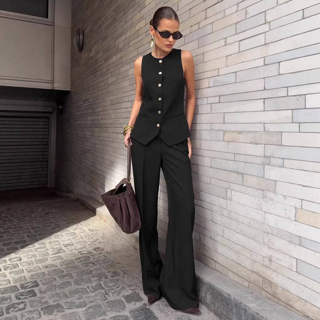 Elegant Commuter Vest And Wide-Leg Pants Two-Piece Set