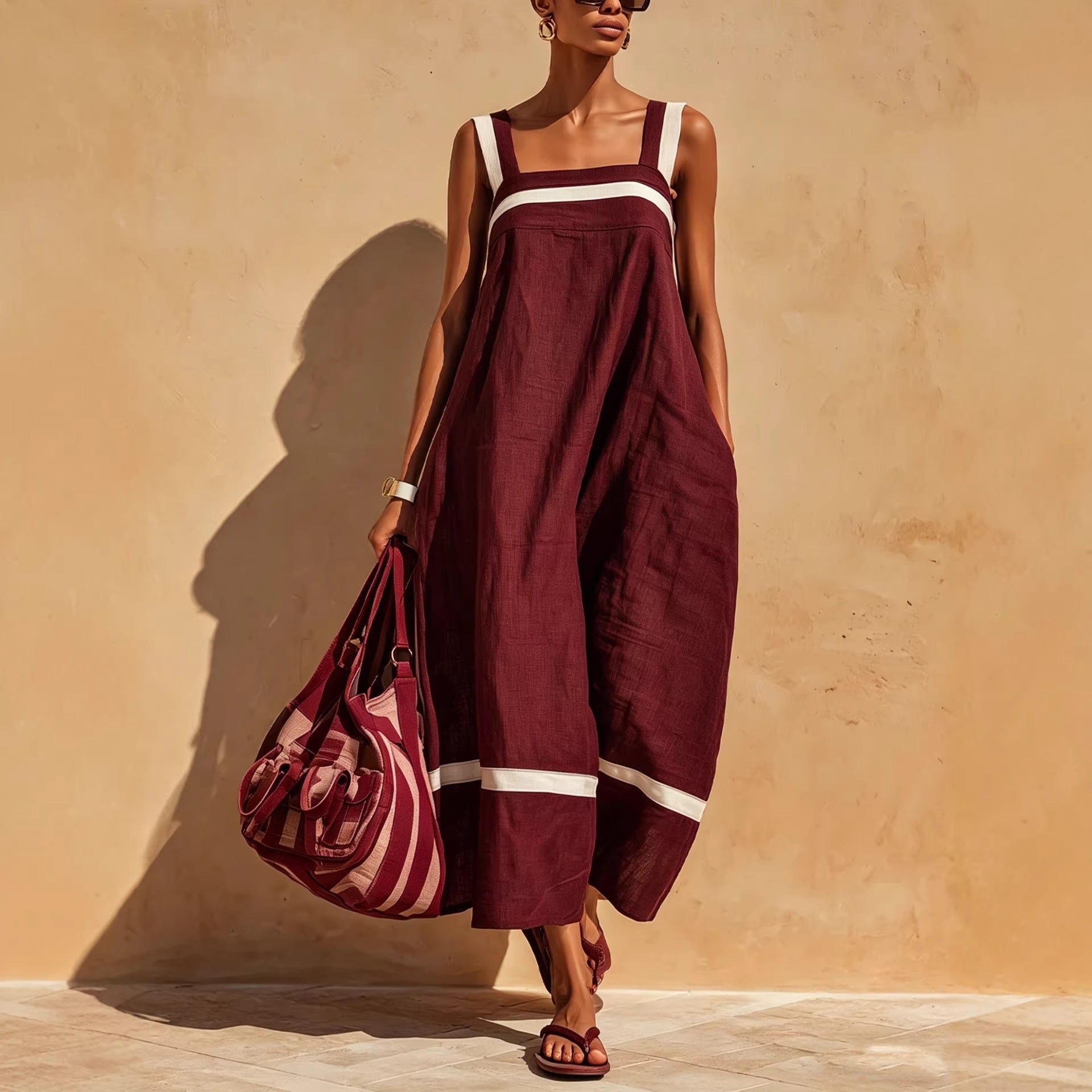 Strap Contrast-Color Womens Casual Loose Dress