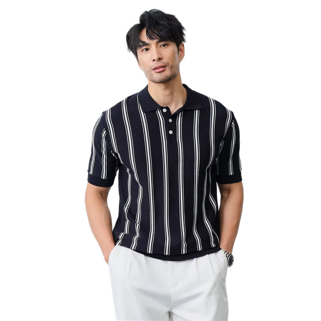 Men's Striped Lapel Knitted Short-Sleeve Shirt
