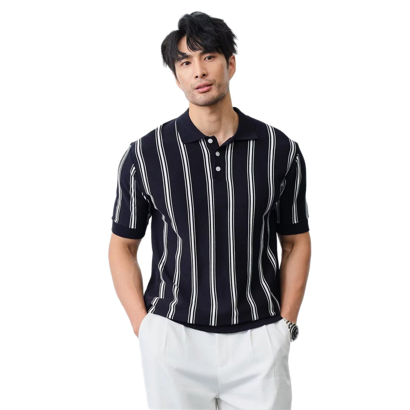 Men's Striped Lapel Knitted Short-Sleeve Shirt