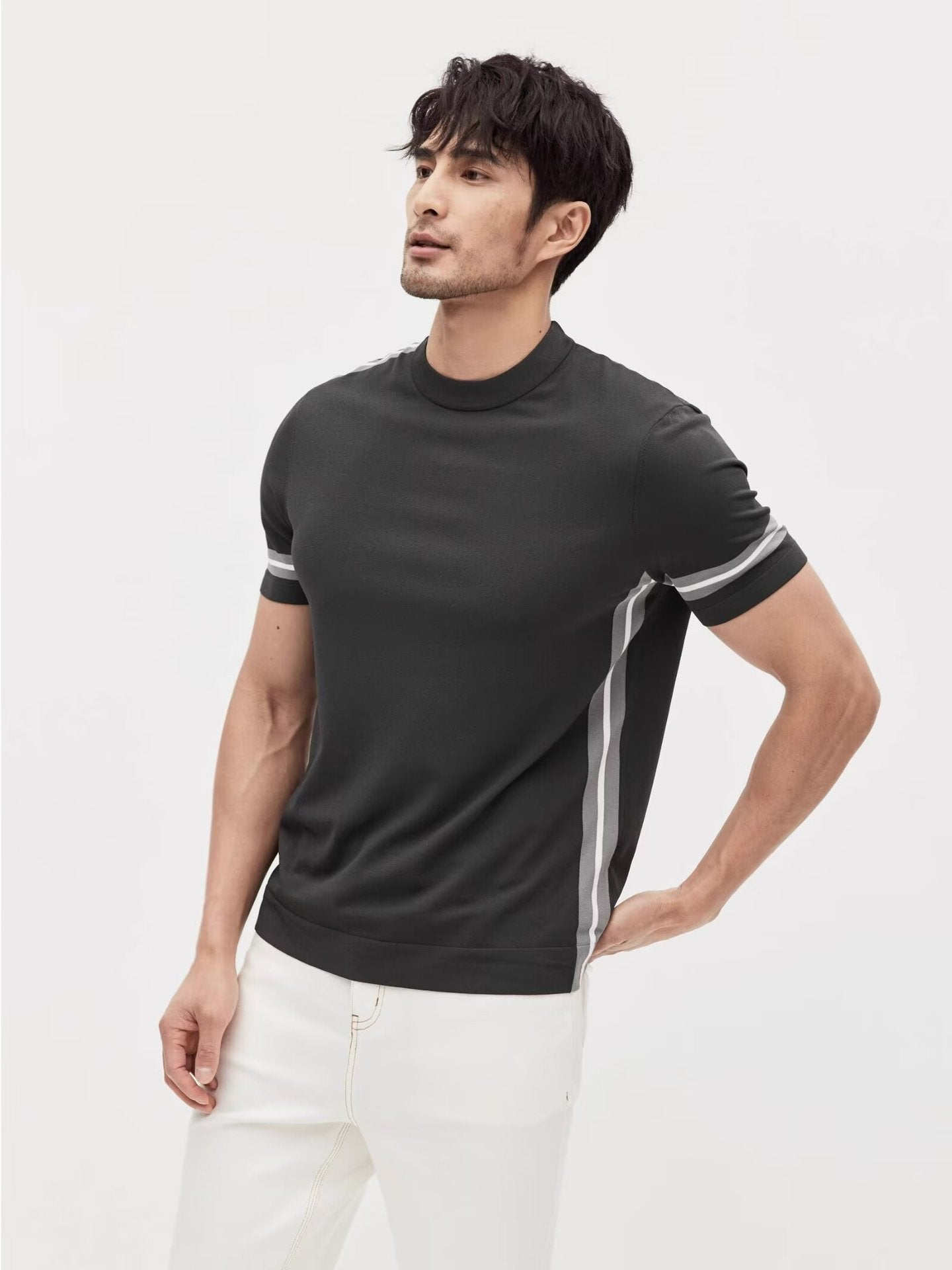 Ice Silk Men's Spliced Stripe Sport Short Sleeve T-shirt Summer New