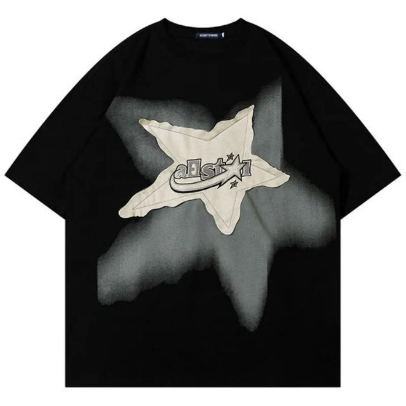 Retro Star Patchwork Loose-fit Short-sleeve Shirt