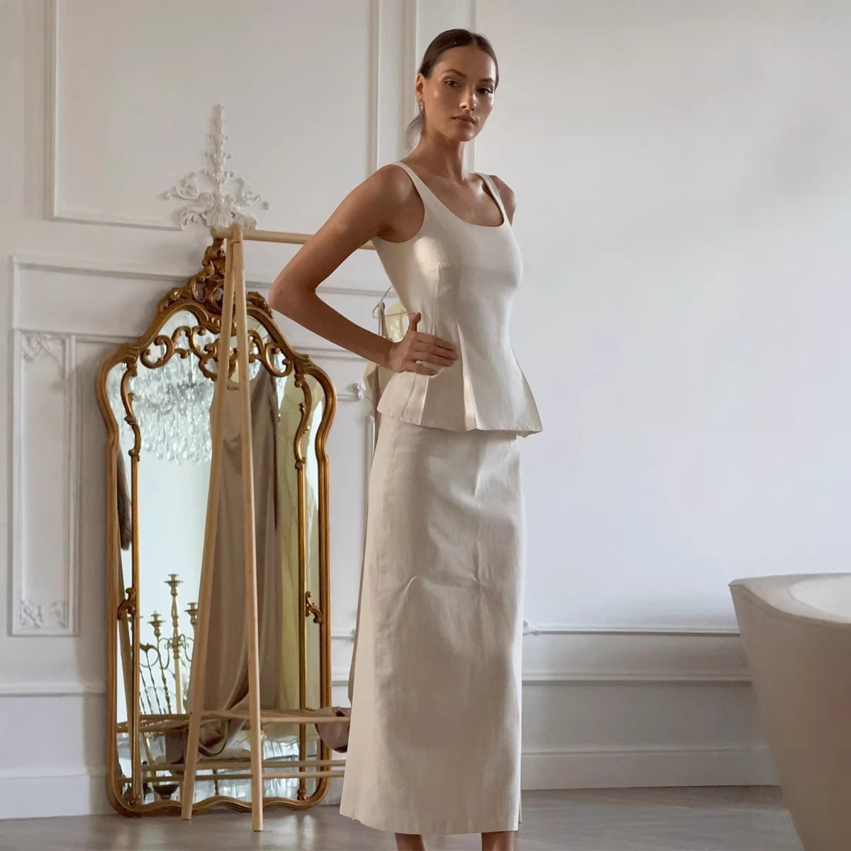 Strapless Waist-cinching Top And Fishtail Maxi Skirt Set