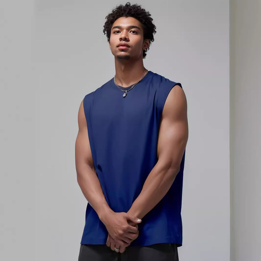 Mens Sleeveless Tank Top Simple Solid-Color Loose T-Shirt