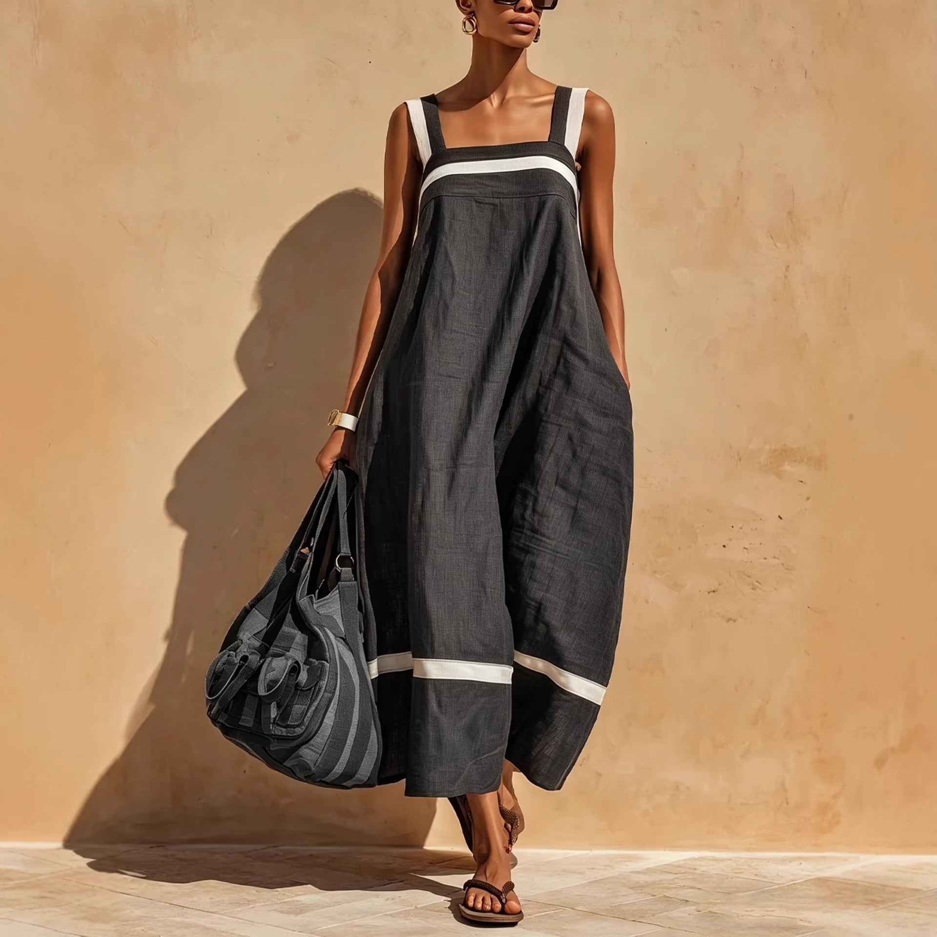 Strap Contrast-Color Womens Casual Loose Dress
