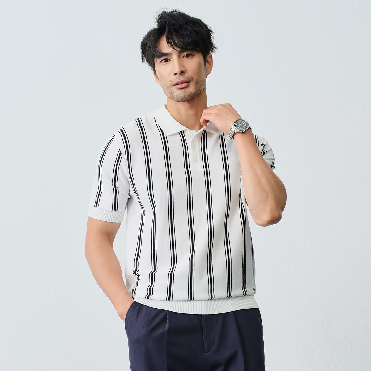 Men's Striped Lapel Knitted Short-Sleeve Shirt