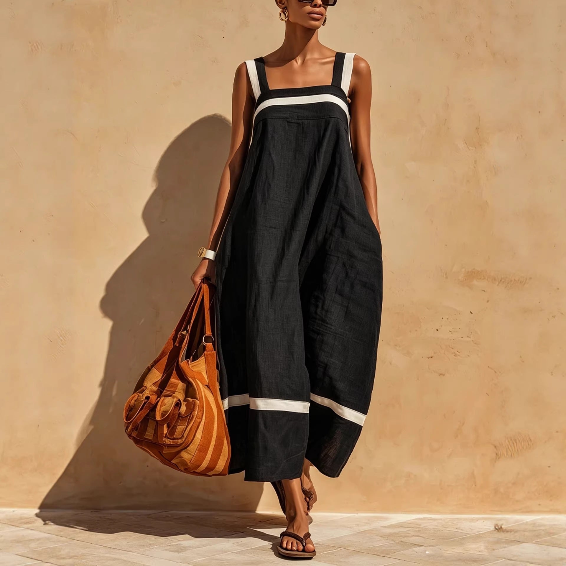 Strap Contrast-Color Womens Casual Loose Dress