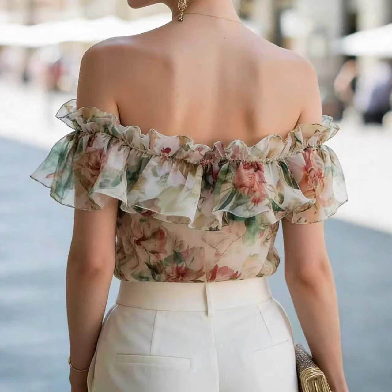 Women's Chiffon Printed Off-Shoulder Ruffle-Trim Top