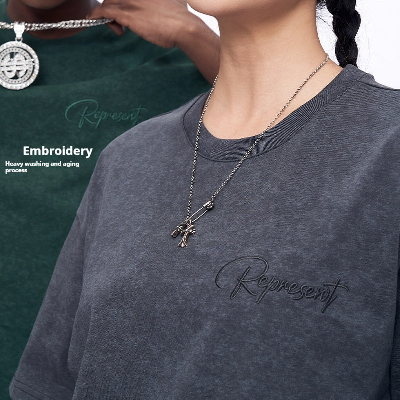 Men's Washed Embroidered Drop-Shoulder T-Shirt