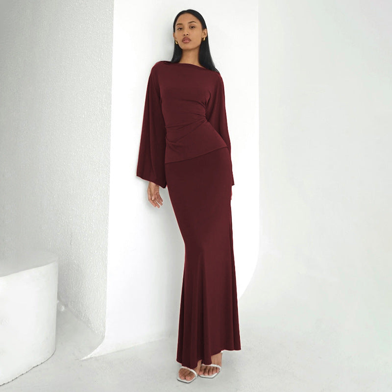 Elegant Loose-Fitting Defined-Waist Long-Sleeve Top And Skirt Set For Women