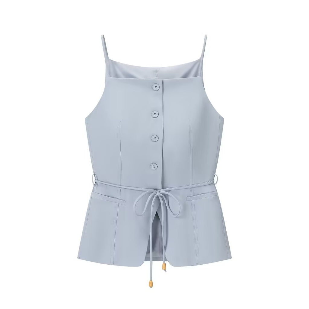 Trendy Beaded Belt Vest With High-waisted Straight-leg Pants