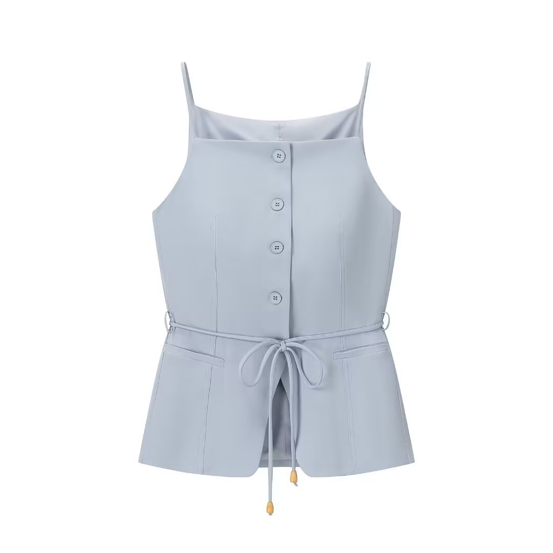 Trendy Beaded Belt Vest With High-waisted Straight-leg Pants