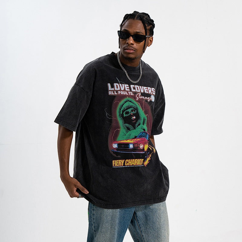 Men's Washed Retro Street Print Short-Sleeve T-Shirt