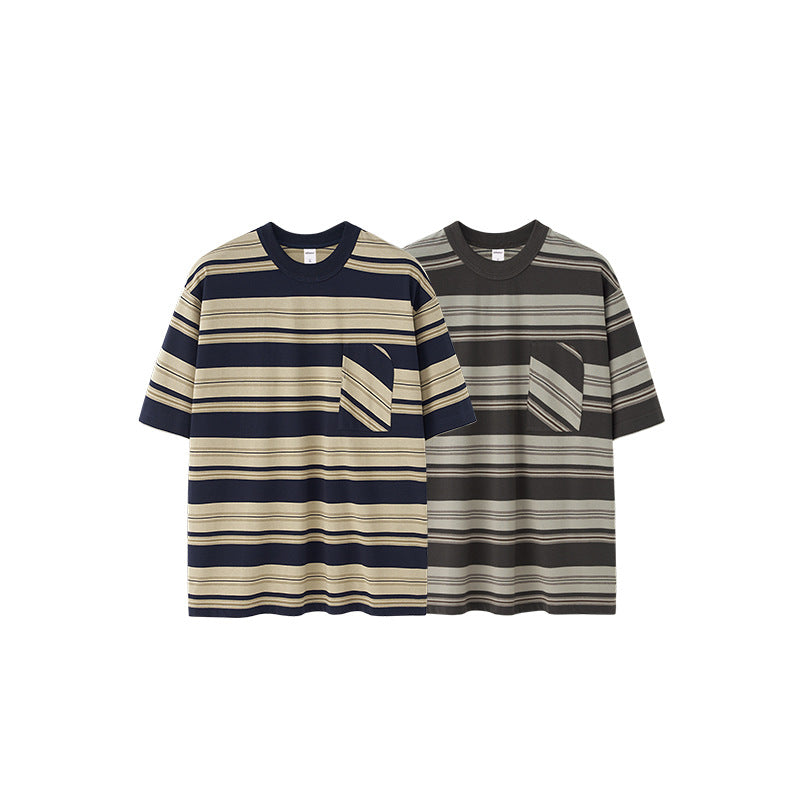 Striped Pocket T-shirt American Style Loose Short Sleeve