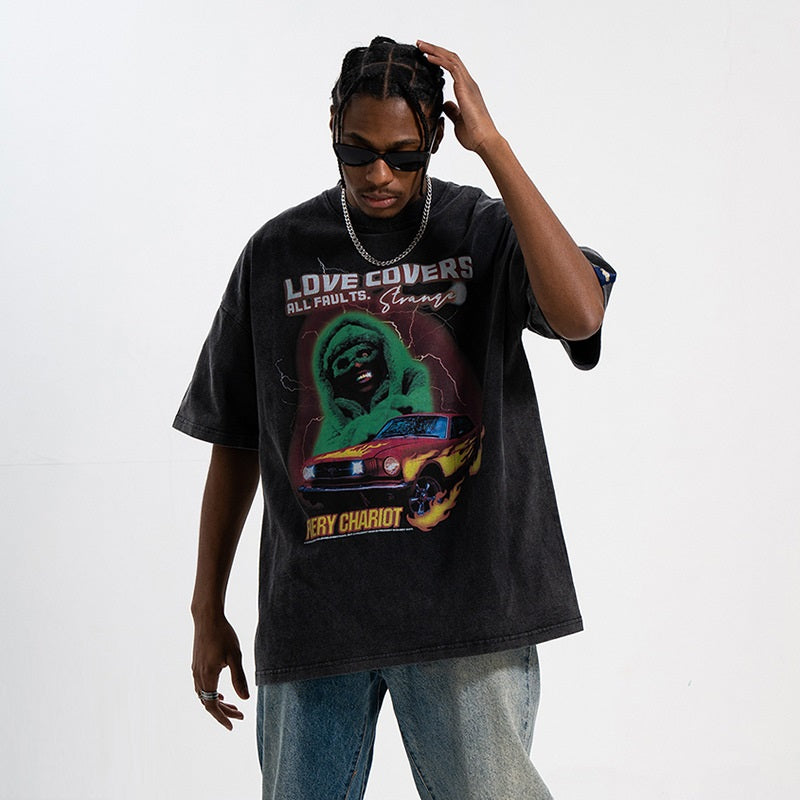 Men's Washed Retro Street Print Short-Sleeve T-Shirt