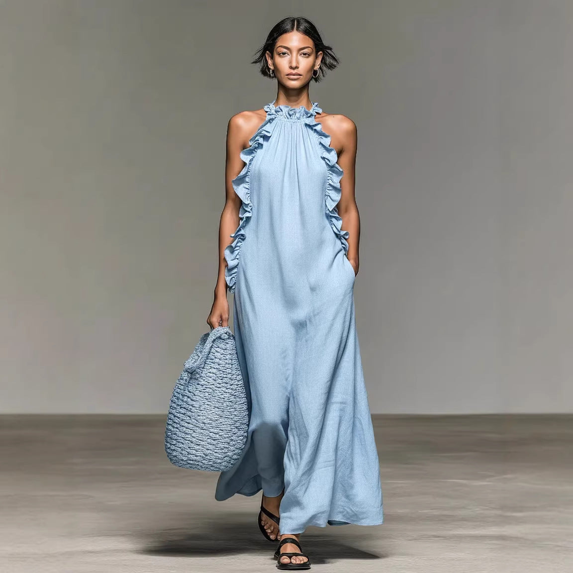 Resort Style Ruffled Halter Neck Sleeveless Maxi Dress - Loose Fit Flattering Flowy Skirt For Party Evening Gown