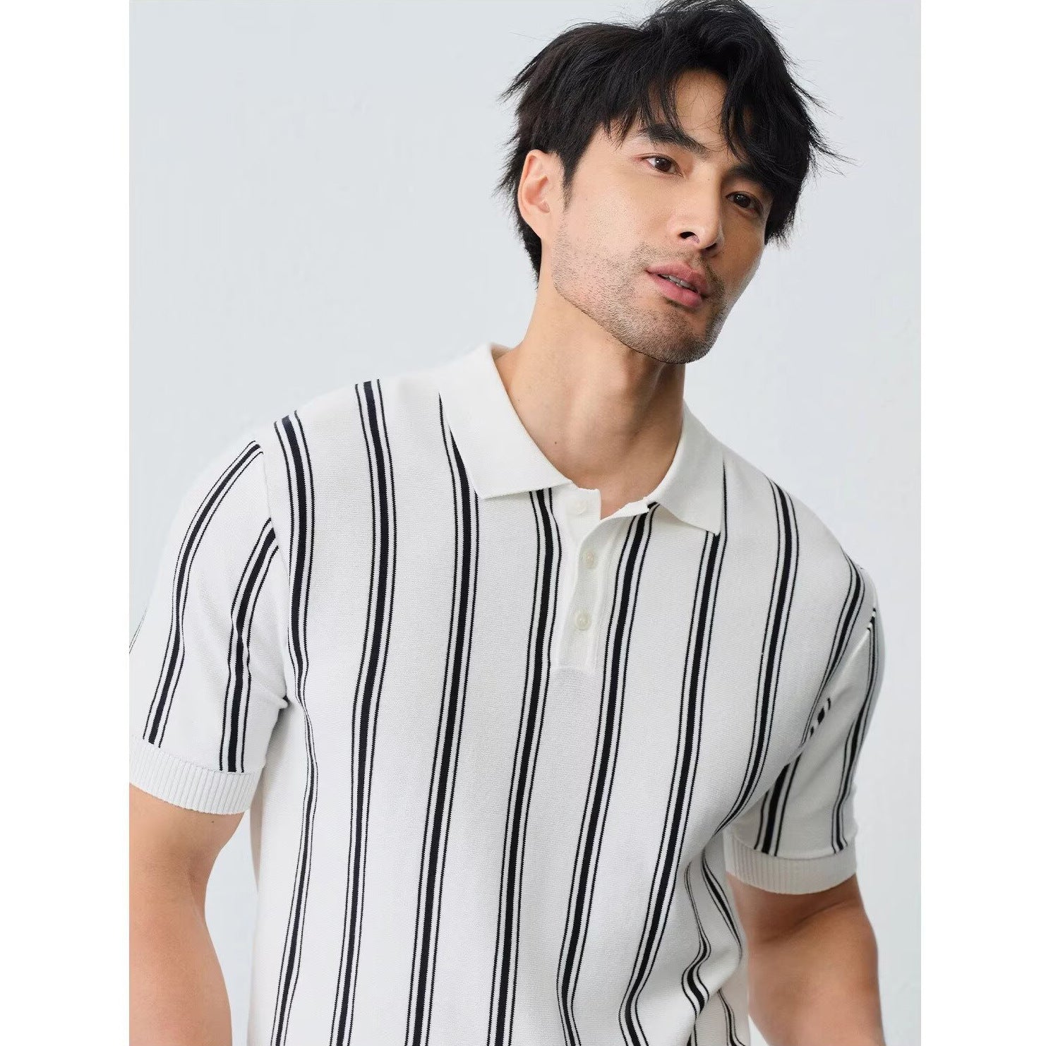 Men's Striped Lapel Knitted Short-Sleeve Shirt