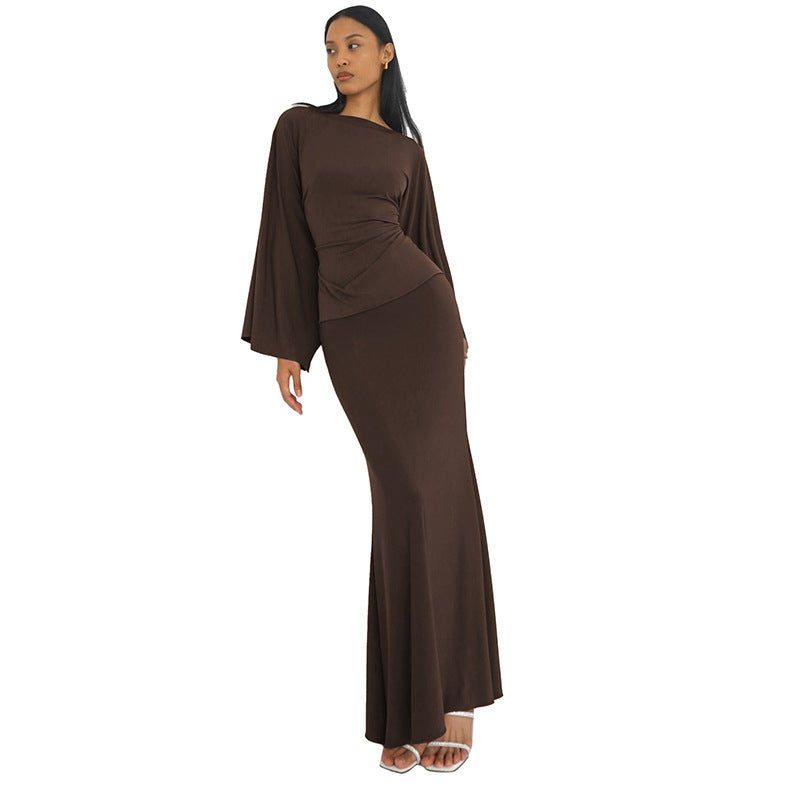 Elegant Loose-Fitting Defined-Waist Long-Sleeve Top And Skirt Set For Women