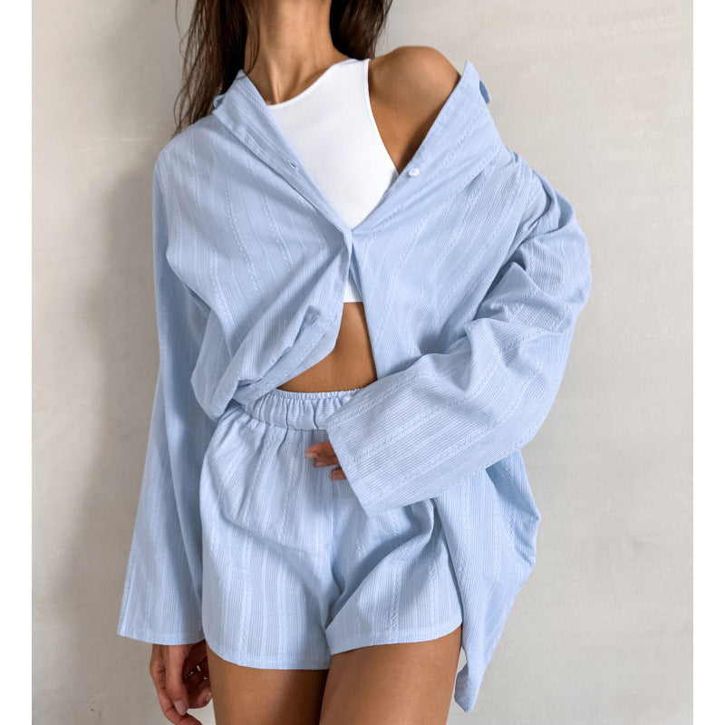 Autumn Winter New Comfortable White Pure Cotton Loose-Fit Long-Sleeve Shorts Set