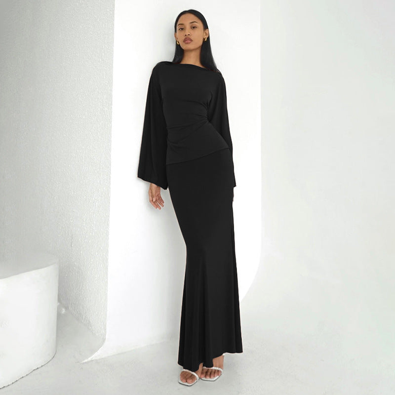 Elegant Loose-Fitting Defined-Waist Long-Sleeve Top And Skirt Set For Women