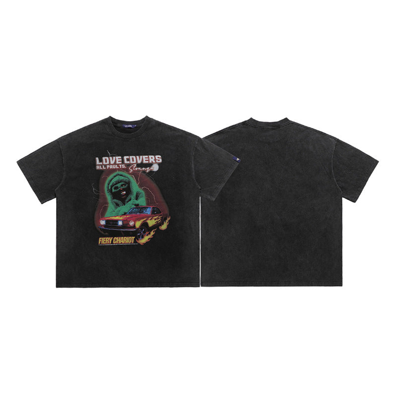 Men's Washed Retro Street Print Short-Sleeve T-Shirt