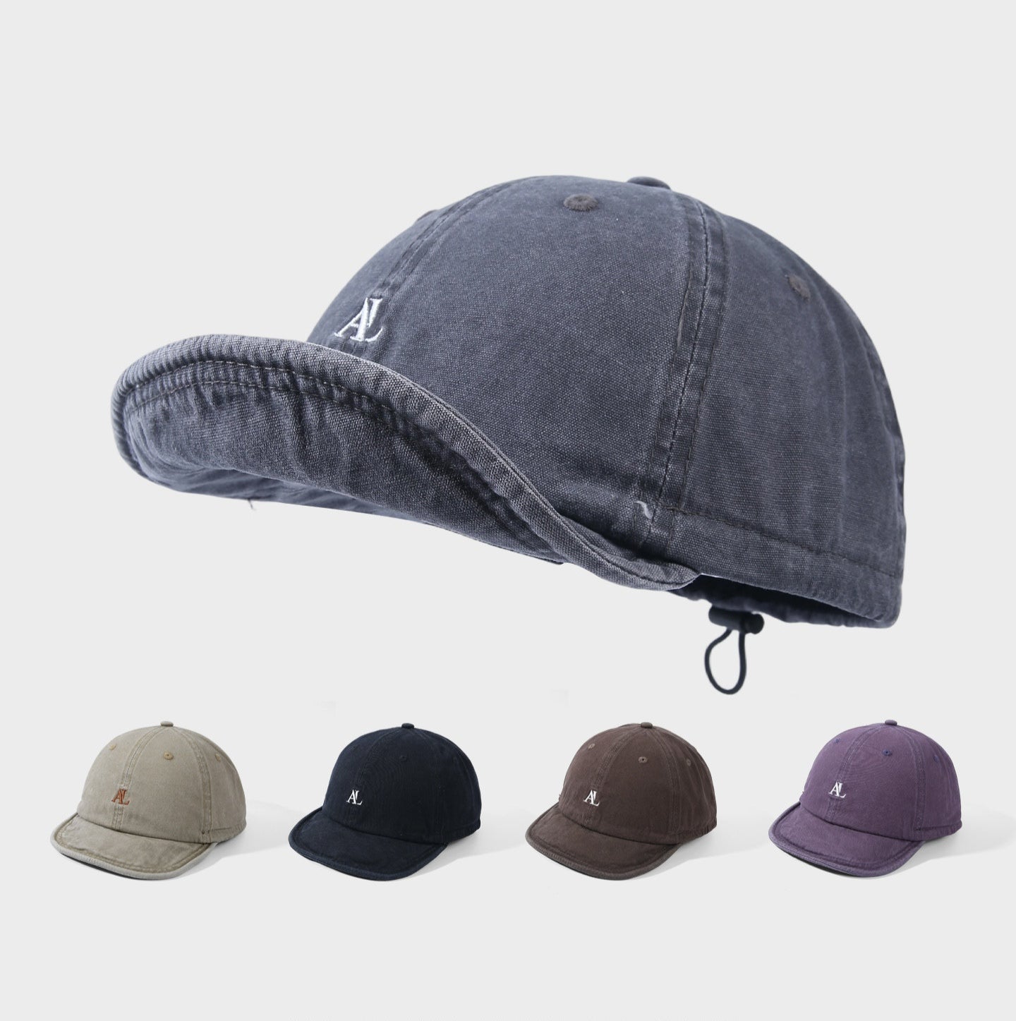 Solid-color Washed Embroidery AL Letter Adjustable Soft Cap With Distressed Retro Short Brim Baseball Cap For Daily Casual Wear, Shopping, And Outings.