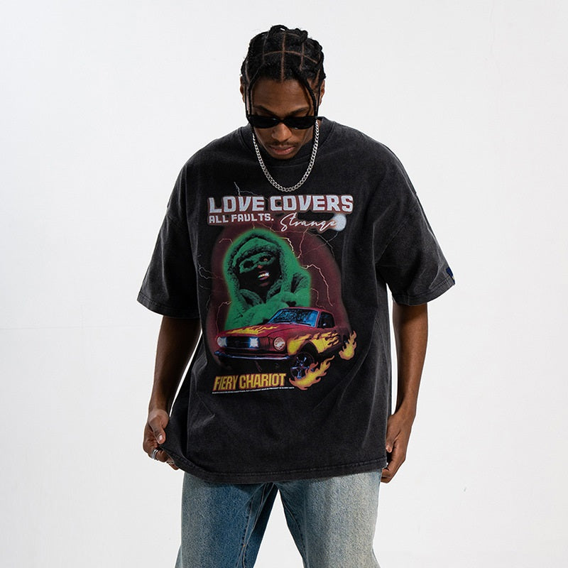 Men's Washed Retro Street Print Short-Sleeve T-Shirt
