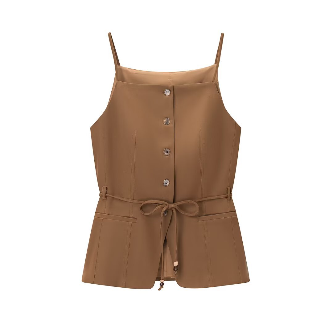 Trendy Beaded Belt Vest With High-waisted Straight-leg Pants