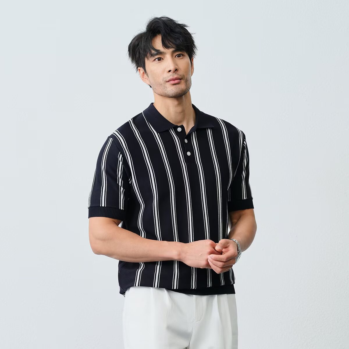 Men's Striped Lapel Knitted Short-Sleeve Shirt