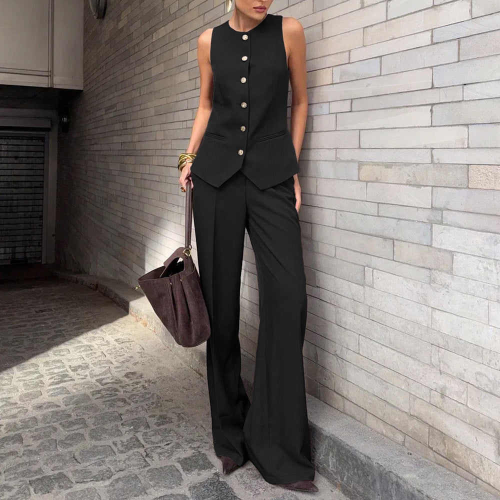 Elegant Commuter Vest And Wide-Leg Pants Two-Piece Set