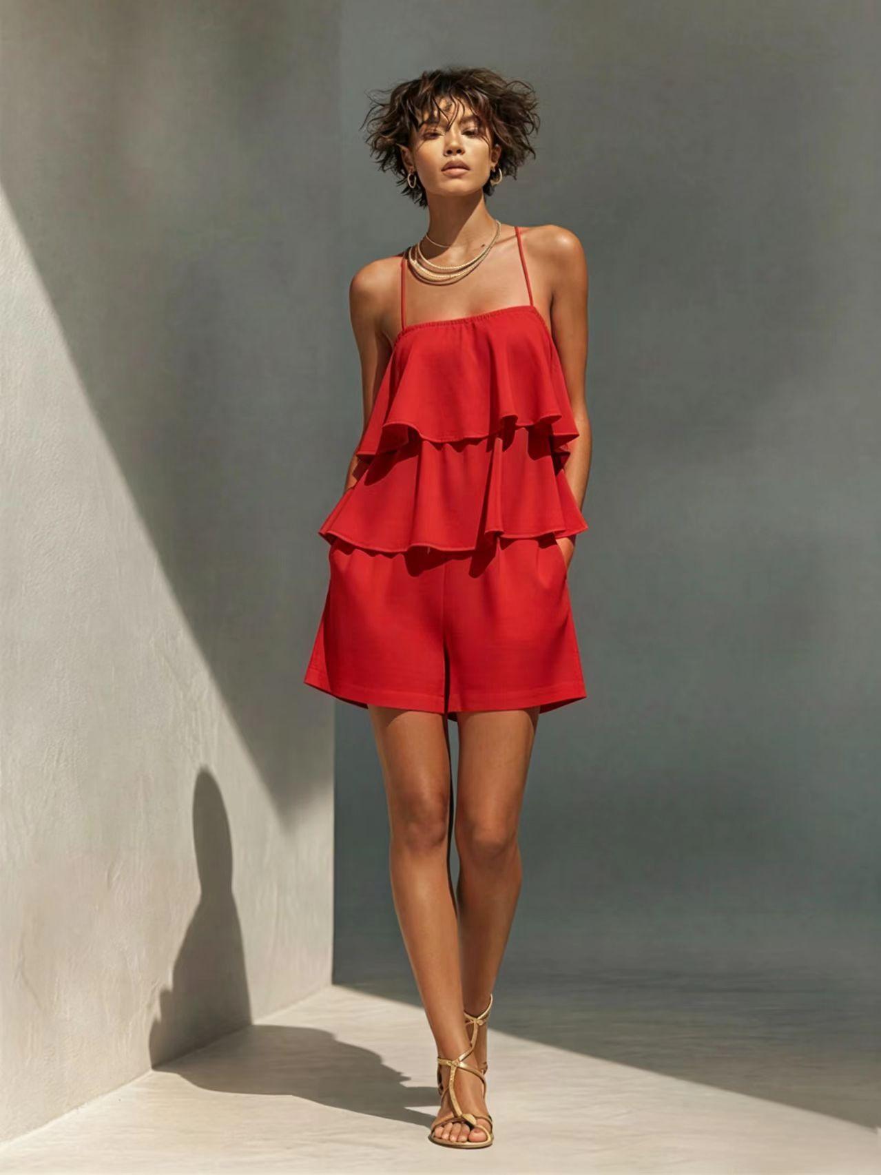 Multi-layer Ruffle Loose Camisole And Shorts Set