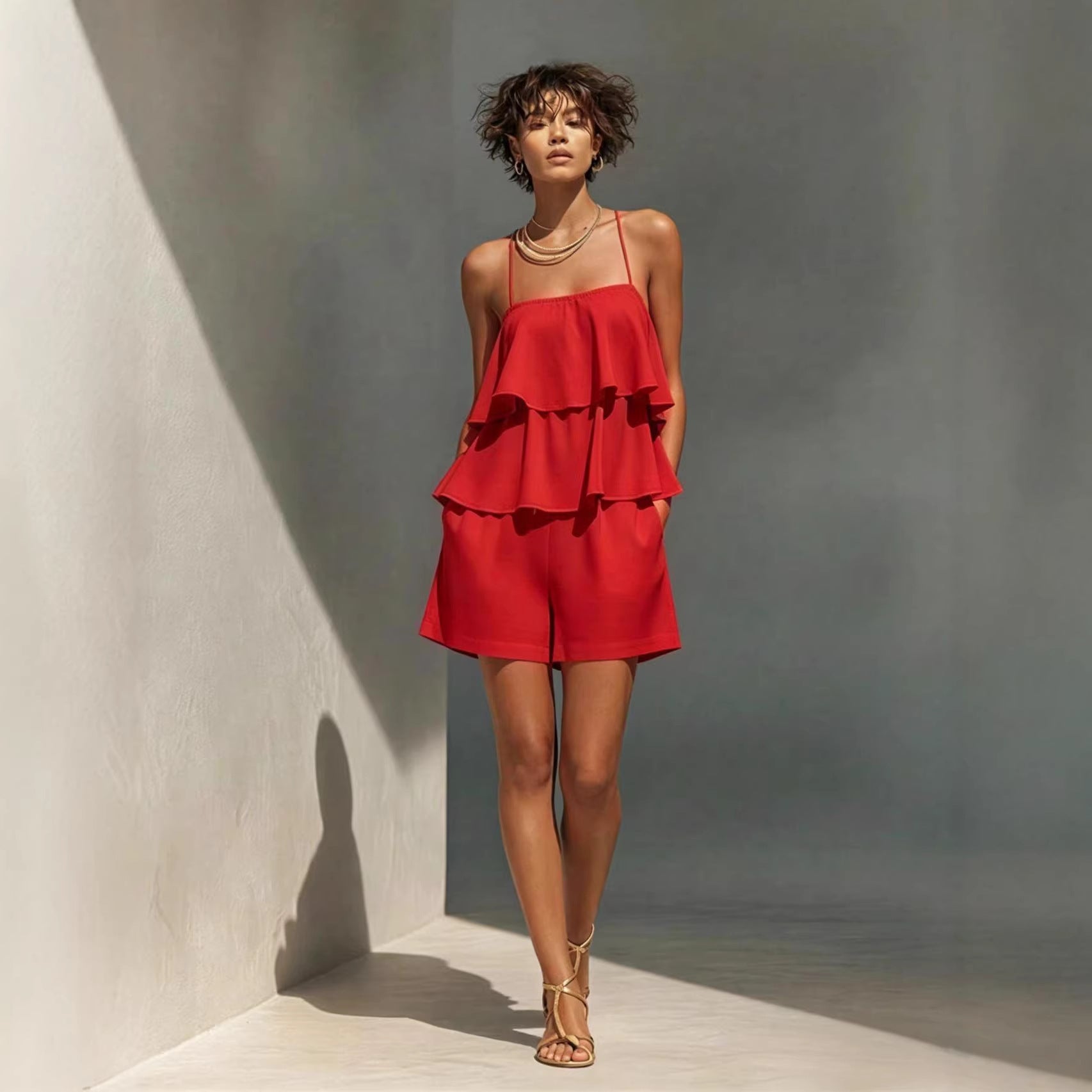 Multi-layer Ruffle Loose Camisole And Shorts Set