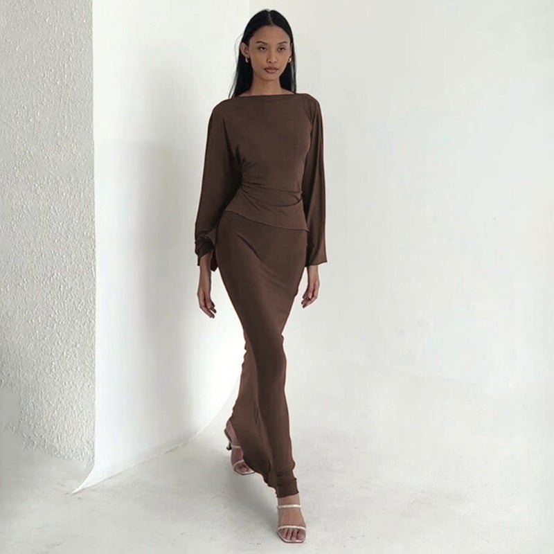 Elegant Loose-Fitting Defined-Waist Long-Sleeve Top And Skirt Set For Women