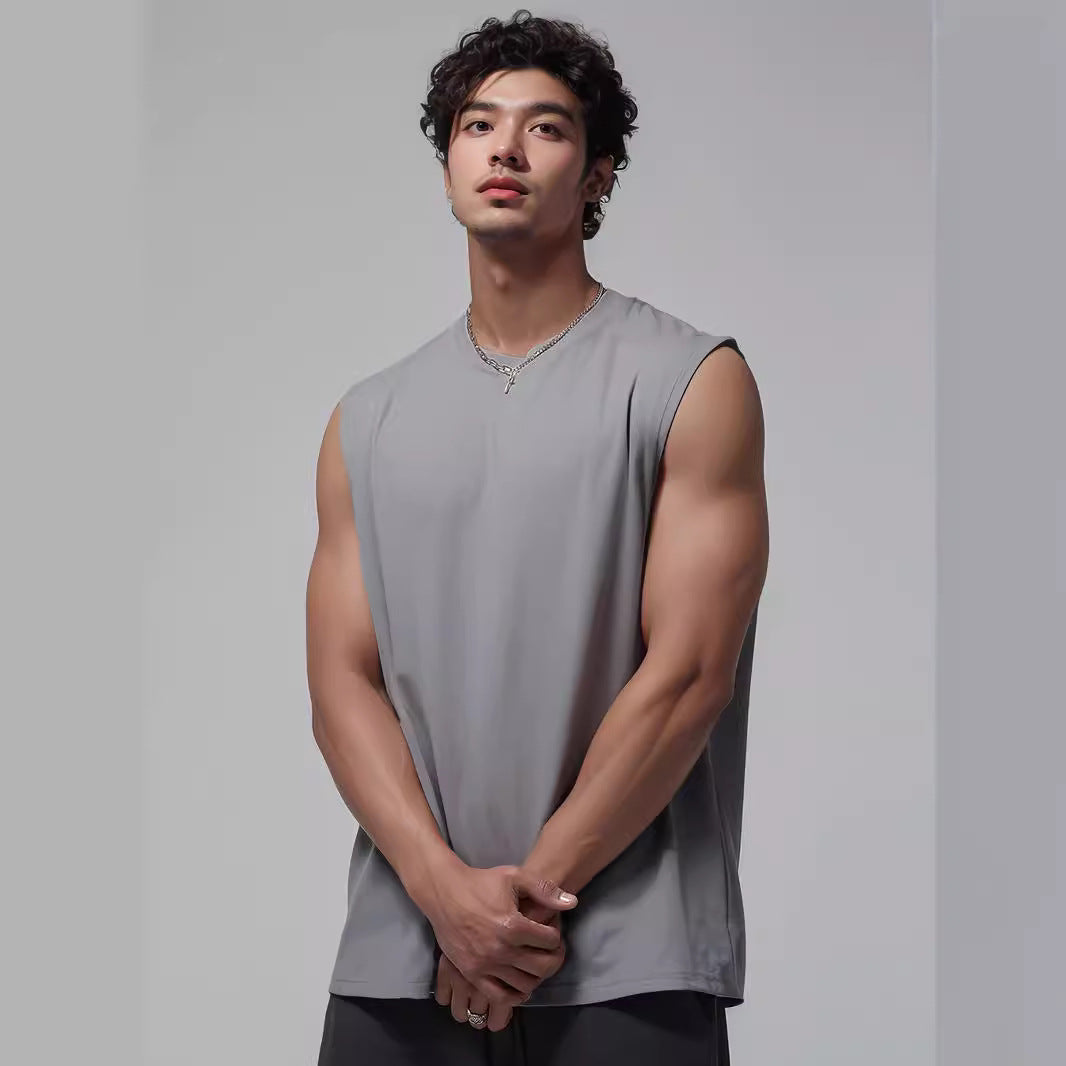 Mens Sleeveless Tank Top Simple Solid-Color Loose T-Shirt