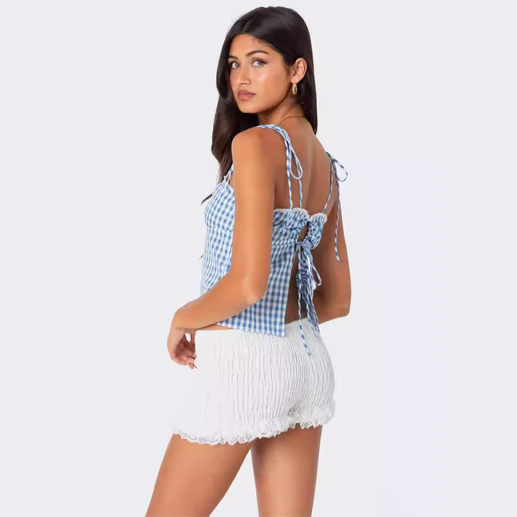 Sexy Lace-up Backless Top With Trim For Women