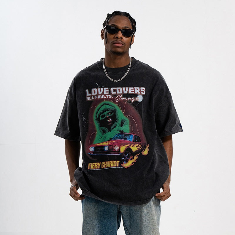 Men's Washed Retro Street Print Short-Sleeve T-Shirt